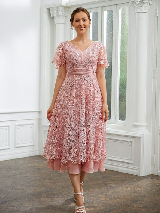 Lois A-Line/Princess Chiffon Applique V-neck Short Sleeves Tea-Length Dresses DJP0020244