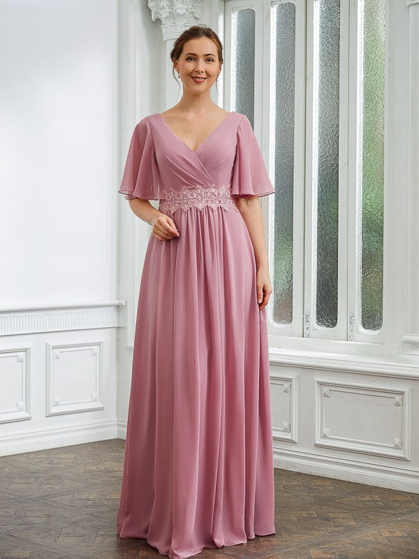 Jess A-Line/Princess Chiffon Ruched V-neck 1/2 Sleeves Floor-Length Mother of the Bride Dresses DJP0020248