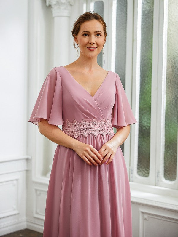 Jess A-Line/Princess Chiffon Ruched V-neck 1/2 Sleeves Floor-Length Mother of the Bride Dresses DJP0020248