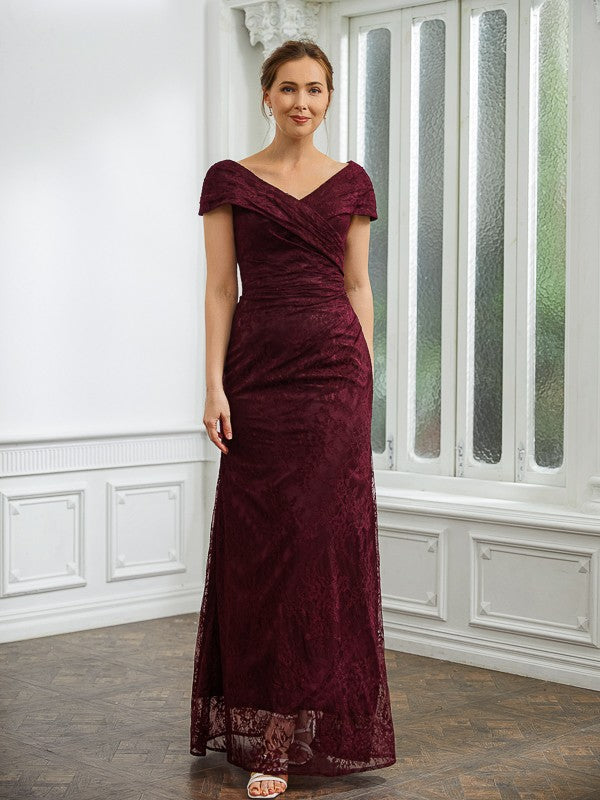 Michelle Sheath/Column Lace Ruched V-neck Short Sleeves Floor-Length Mother of the Bride Dresses DJP0020246