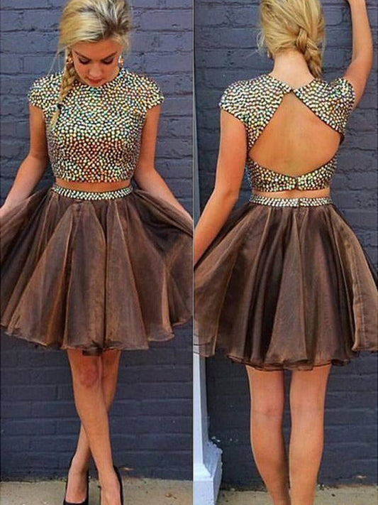 2024 A-Line Two Piece Jewel Neck Avery Homecoming Dresses Short Sleeve Beading Back Cut Out Organza Short/Mini