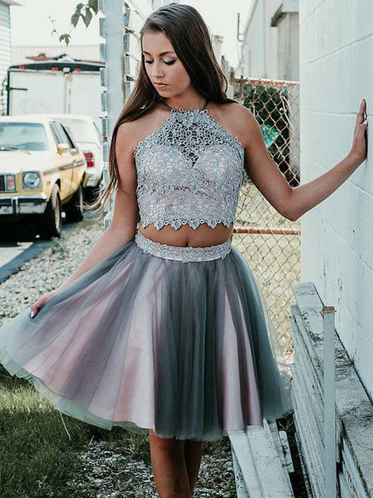 2024 Ball Gown Two Piece Halter Sleeveless Applique Tulle Homecoming Dresses Katie Knee-Length