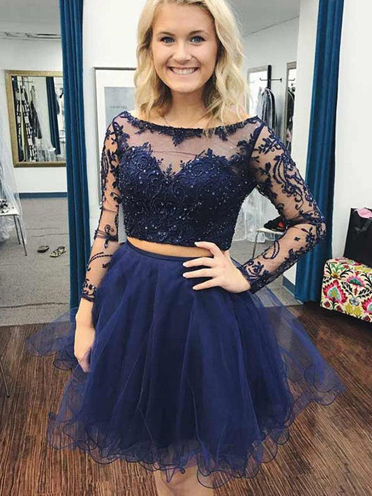 2024 Homecoming Dresses Kasey Ball Gown Two Piece Bateau Neck Long Sleeve Applique Beading Organza Cut Short/Mini