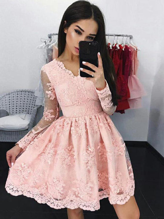 2024 A-Line V Neck Long Sleeve Applique Pleated Lace Anabella Homecoming Dresses Cut Short/Mini