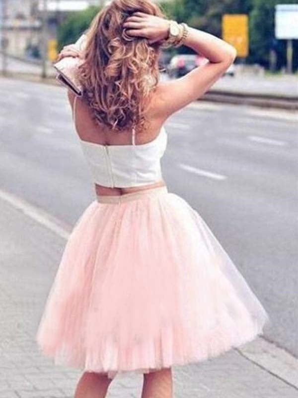 Two Piece Ball Gown Tulle Square Charlee Homecoming Dresses Neck Straps Sleeveless Knee-Length