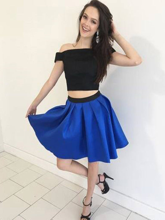 Two Piece Sibyl Satin Homecoming Dresses Off-The-Shoulder Pleated Cut Short Mini