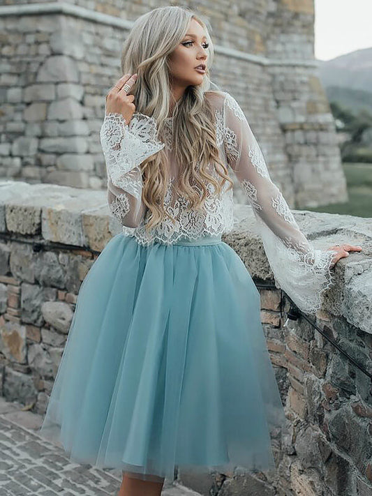 Two Lace Homecoming Dresses Quintina Piece See Through Scoop Neck Long Sleeve Tulle Ball Gown Knee-Length
