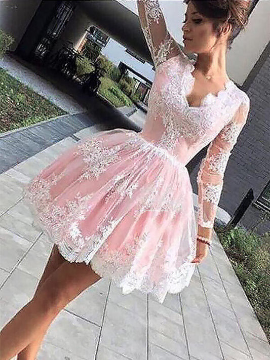 Ball Gown V Neck Long Sleeve Applique Cut Short Homecoming Dresses Joyce Mini