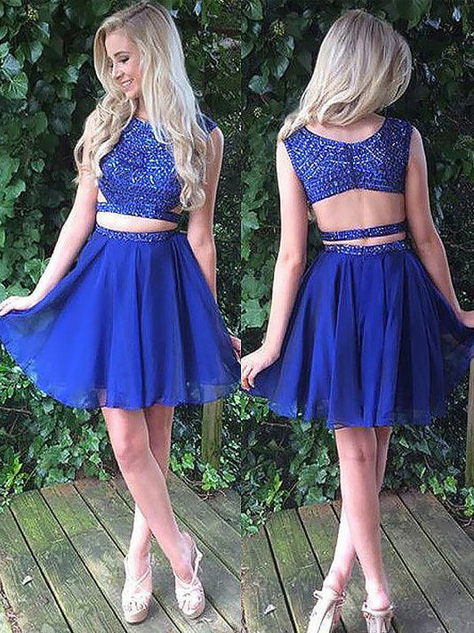 Two Piece Beading Scoop Neck Delaney Homecoming Dresses Chiffon Sleeveless Cut Out Back Cut Short Mini