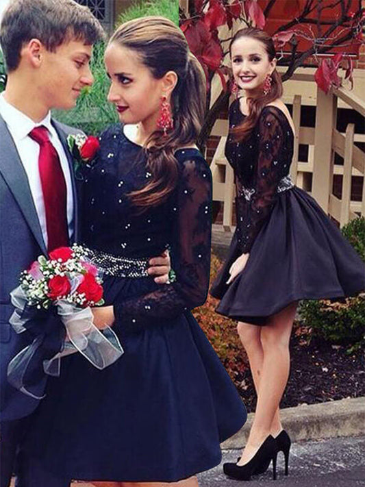 Scoop Neck Long Sleeve Backless Cut Athena Homecoming Dresses Lace Short Mini Beading Ball Gown