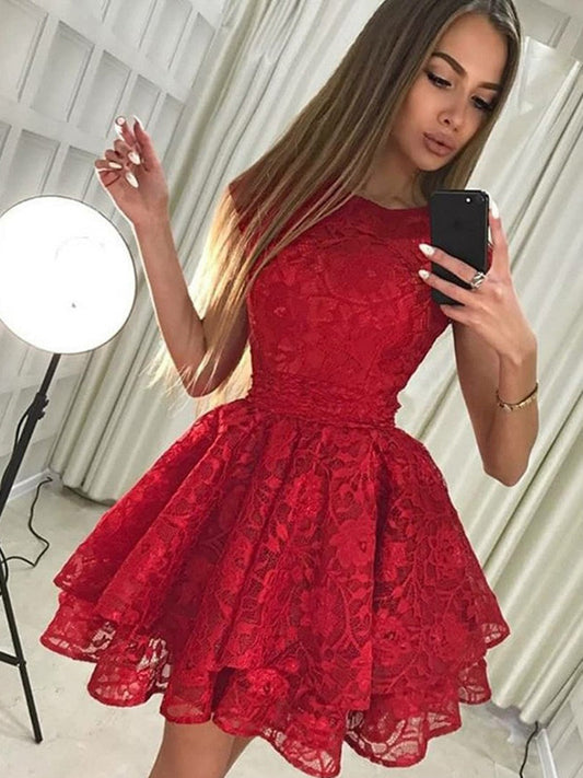 Cap Sleeves Jewel Red Blanche Homecoming Dresses A Line Lace Tiered Short Flowers Pleated