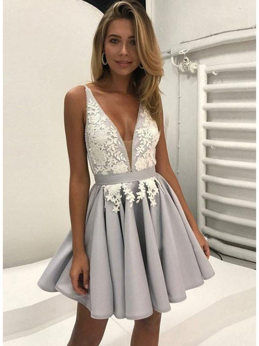 Satin Homecoming Dresses A Line Lace Charlize Silver Deep V Neck Straps Appliques Pleated Flowers