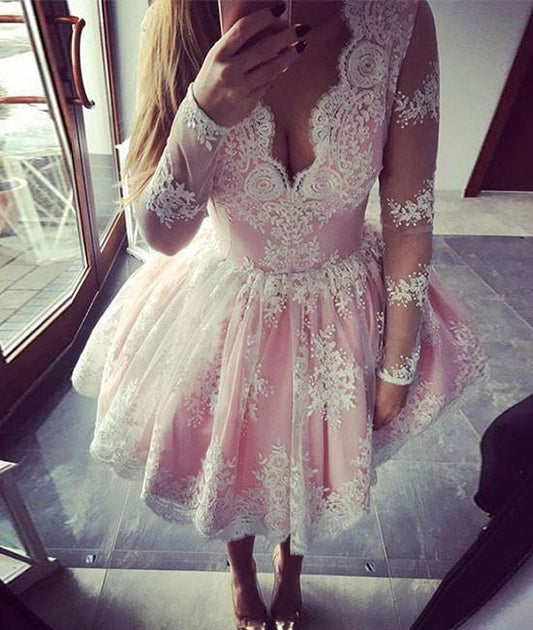 Long Sleeve Deep V Neck Ball Gown Flowers Lace Homecoming Dresses Pink Francesca Pleated