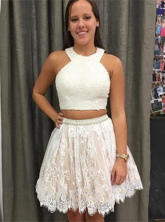 A Line Homecoming Dresses Kayley Two Pieces Lace Halter Sleeveless Short White