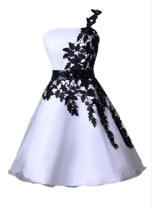 One Shoulder Homecoming Dresses A Line Lace LuLu Satin Up White Appliques Flowers