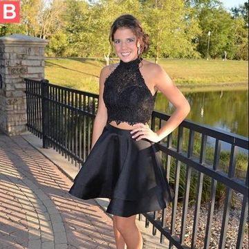 Halter Homecoming Dresses Satin Two Pieces Wendy Lace Sleeveless Tiered Pleated Elegant