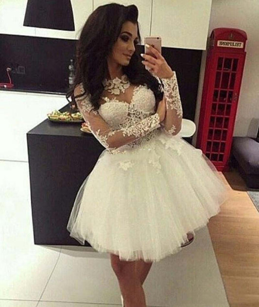 Jewel Long Sleeve Appliques Pleated Tulle Makenzie A Line Lace Homecoming Dresses Sheer Short