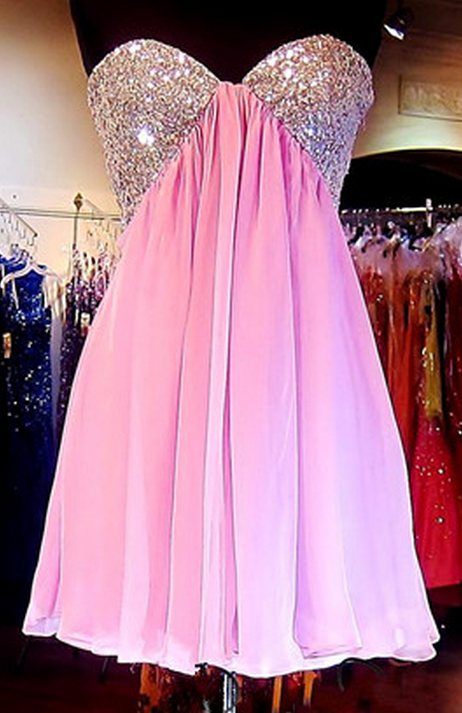 Strapless Sweetheart Pleated Sexy Beaded Pink Lara Homecoming Dresses Chiffon A Line Cut Out