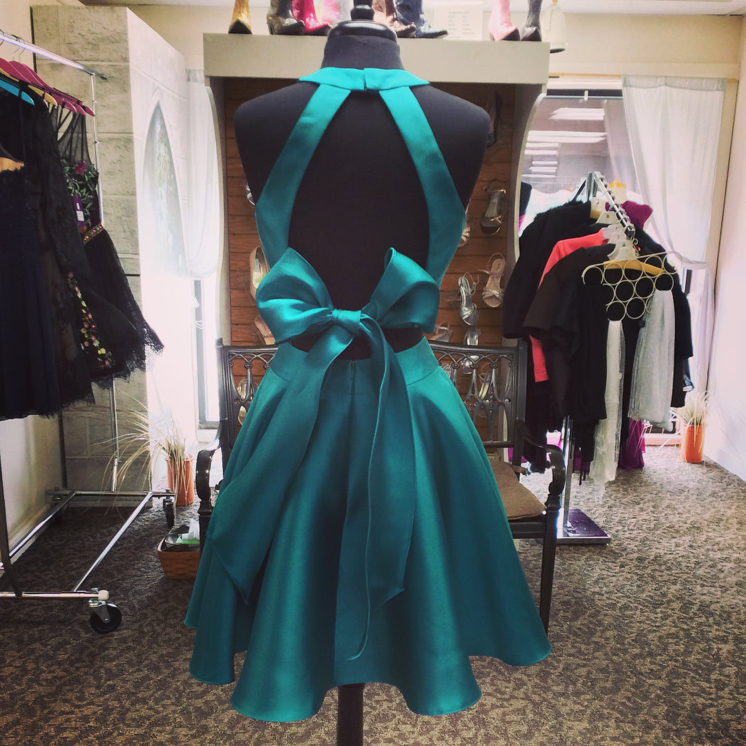 Halter Sleeveless Cut Out Bow Knot Teal Two Pieces Satin A Line Homecoming Dresses Joan Pleated