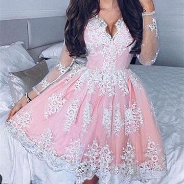 Long Sleeve Ball Gown Pleated Deep V Lace Homecoming Dresses Pink Natalya Neck Sheer Flowers Mini