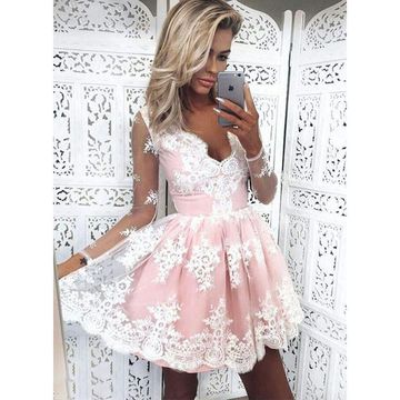 Long Sleeve Ball Gown Pleated Deep V Lace Homecoming Dresses Pink Natalya Neck Sheer Flowers Mini