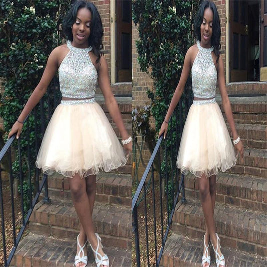 Ivory Two Pieces A Line Homecoming Dresses Allisson Halter Organza Sleeveless Rhinestone Beading