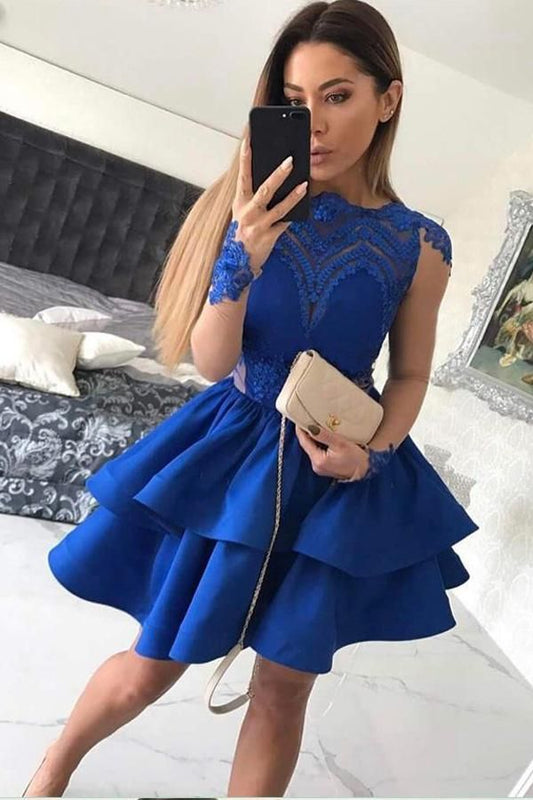 Lace Satin Royal Blue Homecoming Dresses Daniela Jewel Long Sleeve Appliques Tiered Short