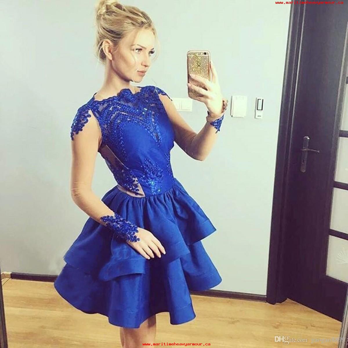 Lace Satin Royal Blue Homecoming Dresses Daniela Jewel Long Sleeve Appliques Tiered Short