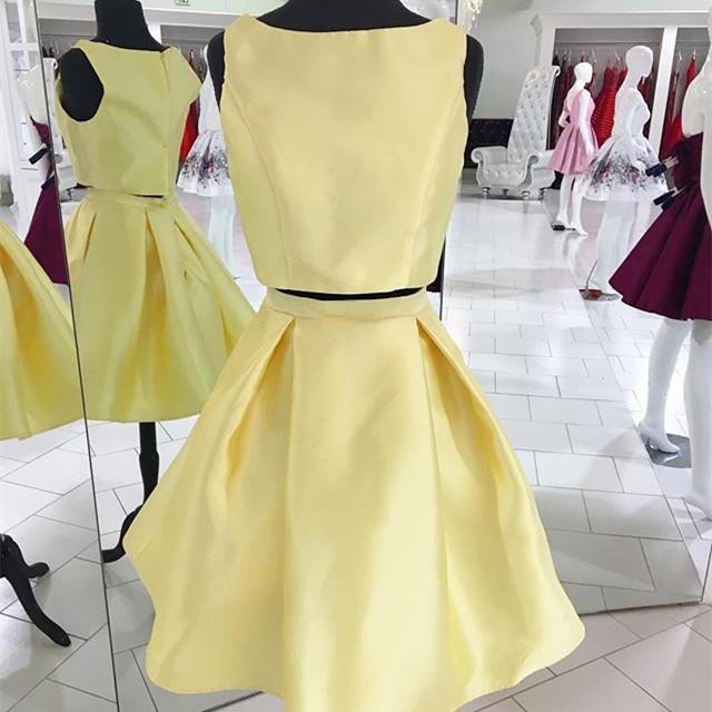 Bateau Sleeveless Two Pieces A Line Amaya Homecoming Dresses Satin Pleated Simple Light Yellow