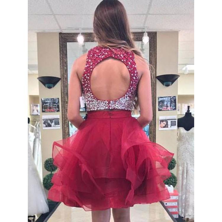 Jewel Sleeveless Rhinestone Organza Ruffles Two Pieces Homecoming Dresses A Line Raina Backless