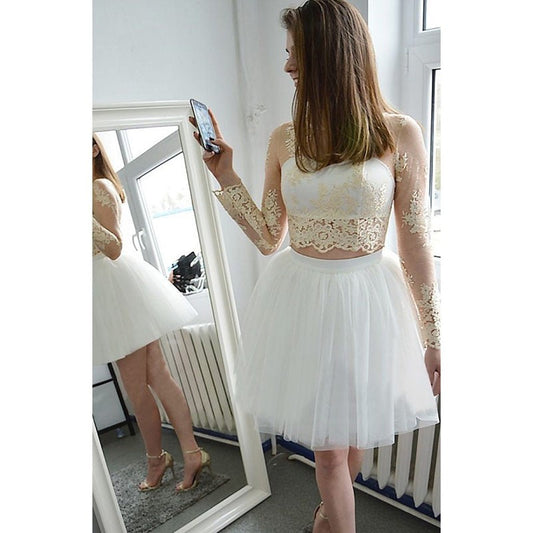 Long Sleeve White Sarah Homecoming Dresses Lace Jewel Appliques Tulle Cut Out Sheer Ball Gown