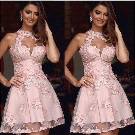 Halter Homecoming Dresses A Line Wendy Pink Lace Sleeveless Cut Out Appliques Flowers Pleated
