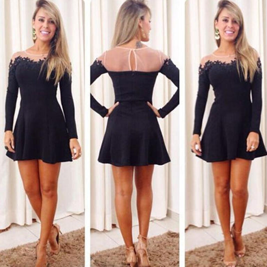 Satin Homecoming Dresses Melanie A Line Scoop Long Sleeve Sheer Black Pleated Short Cut Out Appliques