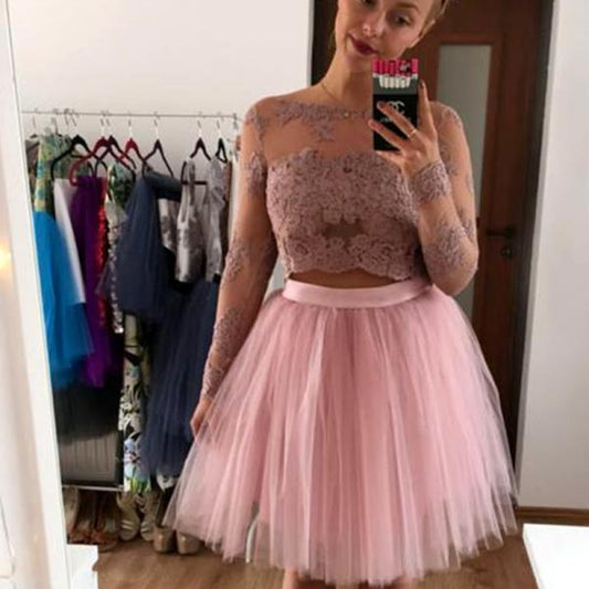 Homecoming Dresses A Line Lace Hallie Two Pieces Pink Bateau Long Sleeve Appliques Tulle Pleated