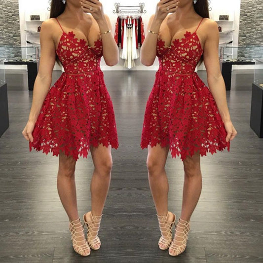 Deep V Neck A Line Lace Janet Homecoming Dresses Hollow Spaghetti Straps Red Sexy Pleated
