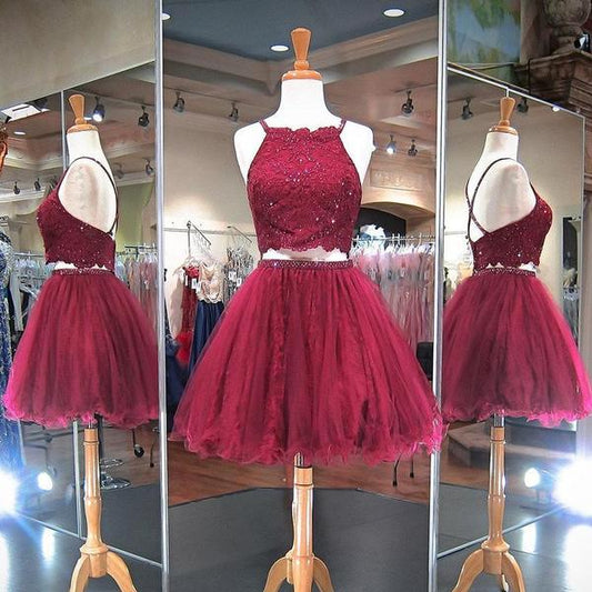 Burgundy Beading Halter Homecoming Dresses A Line Two Pieces Nola Criss Cross Backless Organza