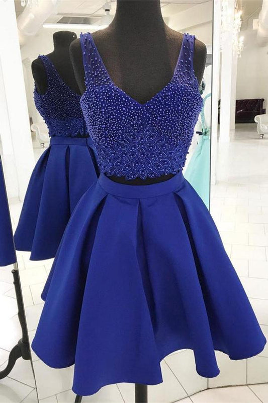V Neck Sleeveless Two Pieces Homecoming Dresses Willow A Line Royal Blue Satin Beading Backless