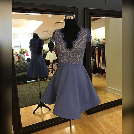 Cap Sleeve Deep V Neck Backless Lavender Homecoming Dresses Lace A Line Aniyah Satin Pleated