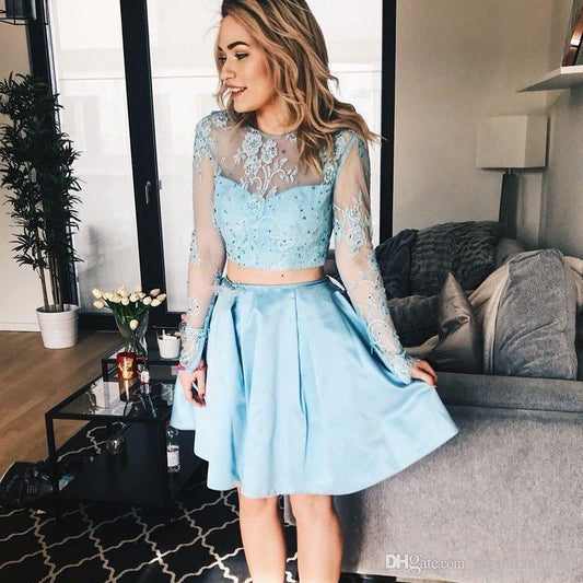 Long Sleeve Jewel Appliques Homecoming Dresses Satin Patti Lace A Line Two Pieces Sheer Light Blue