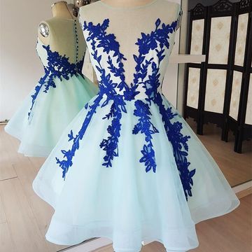 Blue Scoop Sleeveless Sheer Back Appliques Nyasia Lace Homecoming Dresses A Line Tulle