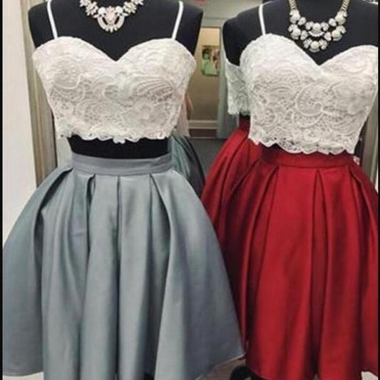 Two Pieces Homecoming Dresses Satin Dana Sexy Spaghetti Straps Sweetheart Pleated