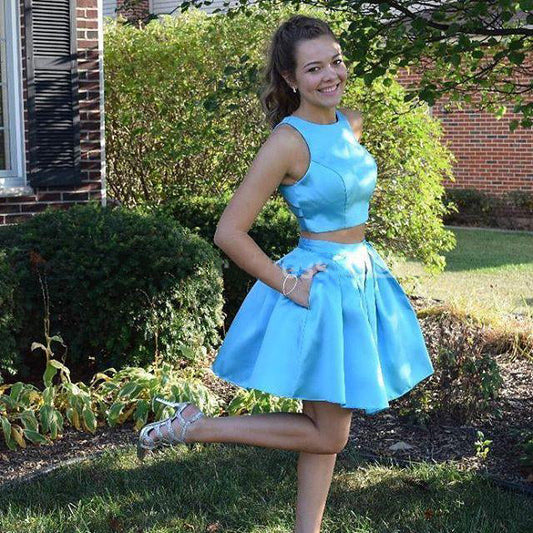 Jewel Sleeveless Blue Lorena A Line Two Pieces Satin Homecoming Dresses Pockets Pleated Short