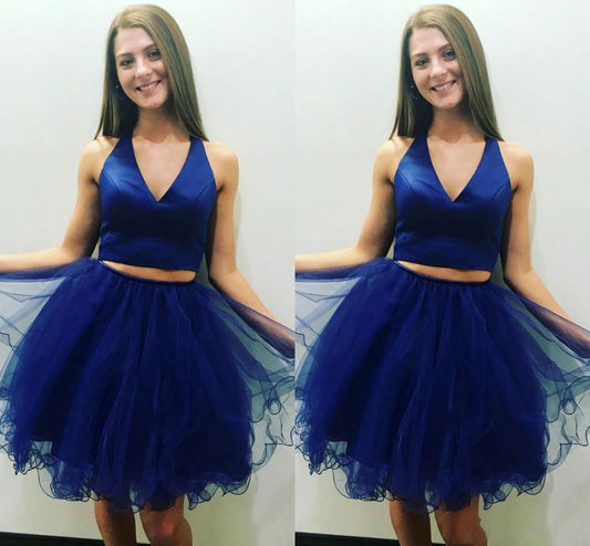 V Neck Sleeveless A Line Homecoming Dresses Royal Blue Two Pieces Danika Pleated Organza