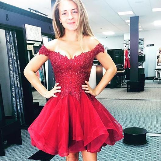 Appliques Off Homecoming Dresses A Line Lace Lana The Shoulder Organza Pleated Burgundy