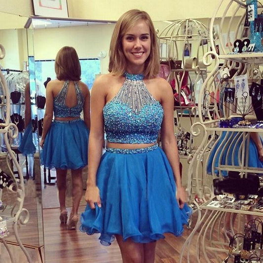 Two Pieces Homecoming Dresses Laura A Line Backless Halter Sleeveless Beading Organza Blue