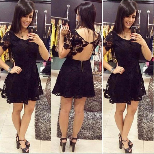 Backless Scoop Angelica A Line Lace Homecoming Dresses Black Short Sleeve Sexy Flowers Pleated