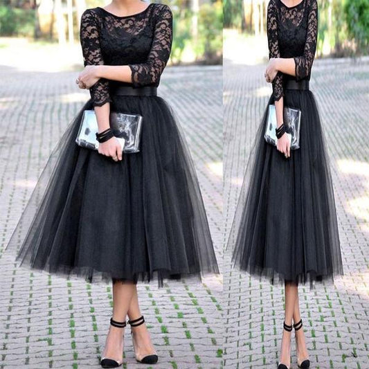 Scoop Black Leticia Lace Homecoming Dresses A Line Long Sleeve Sheer Tulle Pleated Elegant