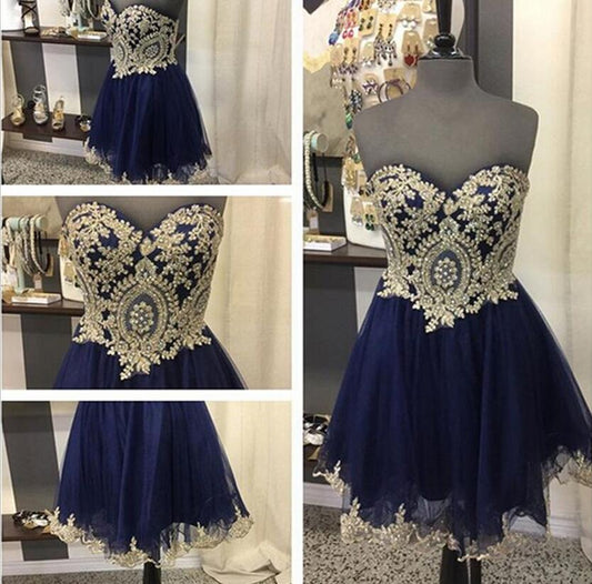Strapless Sweetheart Dark A Line Lace Laney Homecoming Dresses Navy Tulle Appliques Exquisite