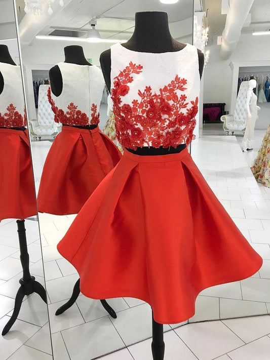 Sleeveless Jewel Pleated Red Appliques Flowers Satin Homecoming Dresses Hilary Two Pieces Short