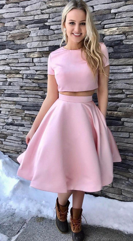 Short Satin Homecoming Dresses Pink Jaylee A Line Two Pieces Sleeve Jewel Pleated
